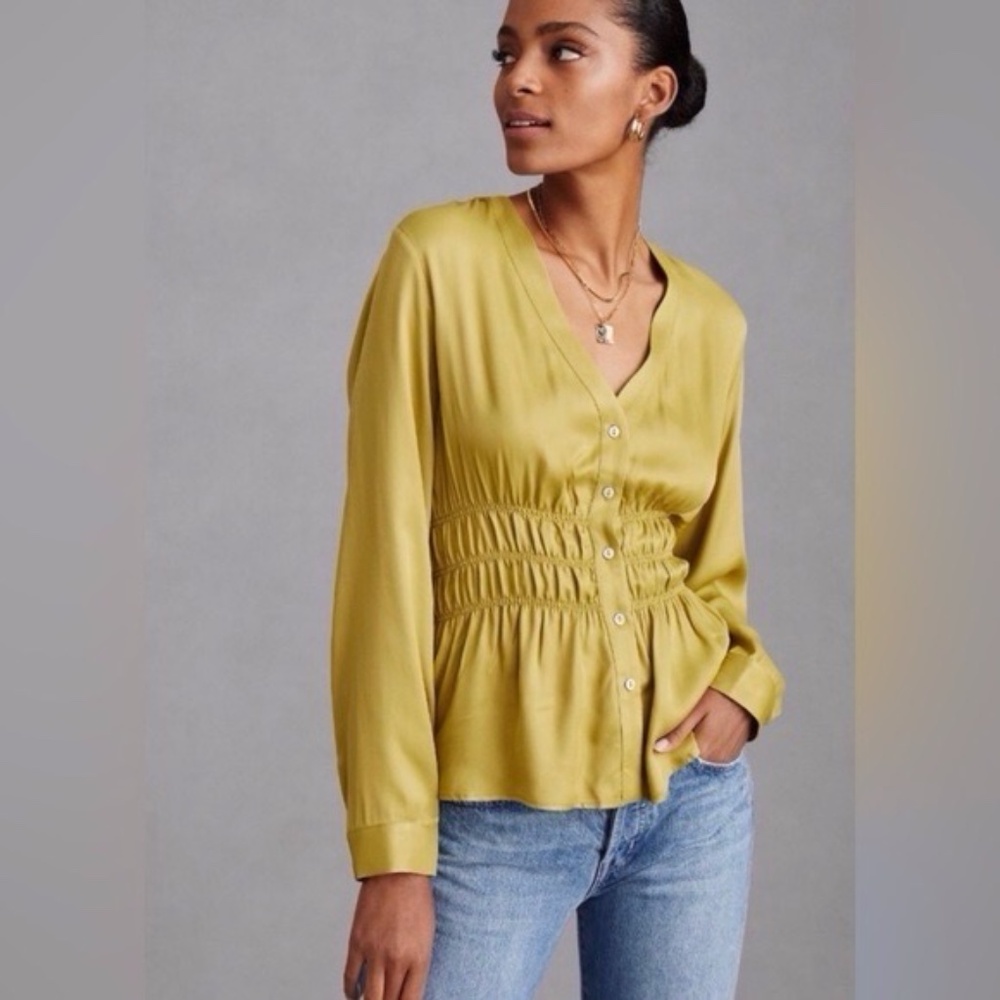Anthropologie smocked satin blouse shirt